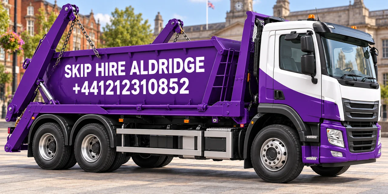 Purple Skip Hire Aldridge truck displaying +441212310852 in an illustrated Walsall setting