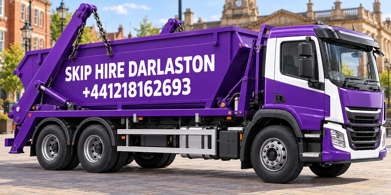 Purple Skip Hire Darlaston truck displaying +441218162693 in an illustrated Walsall setting