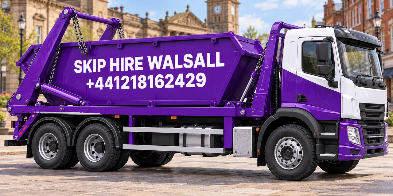 Purple Skip Hire Walsall truck displaying +441218162429 in an illustrated Walsall setting